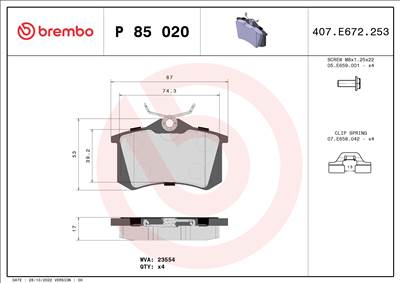 BREMBO P 85 020X - fékbetétkészlet, tárcsafék AUDI AUDI (FAW) CITROËN CITROEN (DF-PSA) DS FIAT FORD 