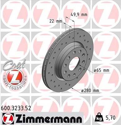 Zimmermann Volkswagen Golf 6, 2008.09-től, 280x22mm-es, lyuggatott, első féktárcsa